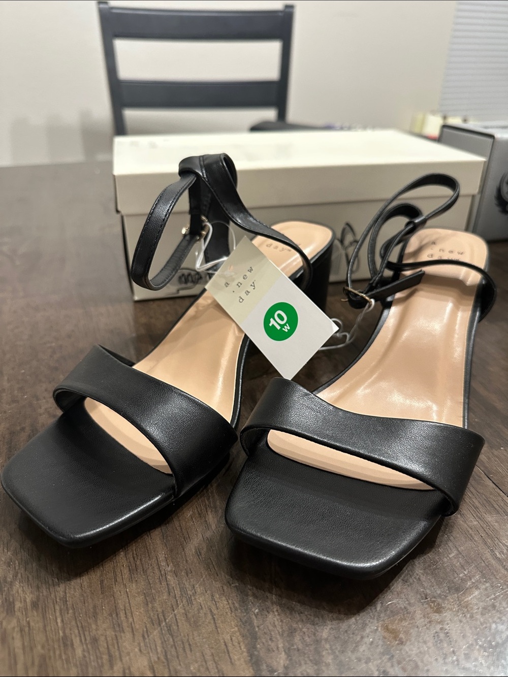 A New Day Women's Sonora Open Toe Sandals Block Heels Ankle Strap Black Sz 10W